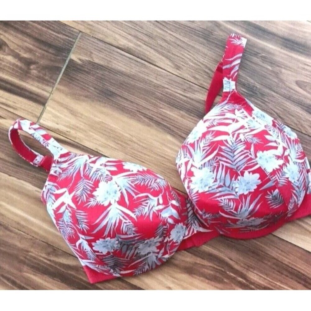 Cacique Lightly Lined Full Coverage Bra Size 38F Red Tropical Print Underwire